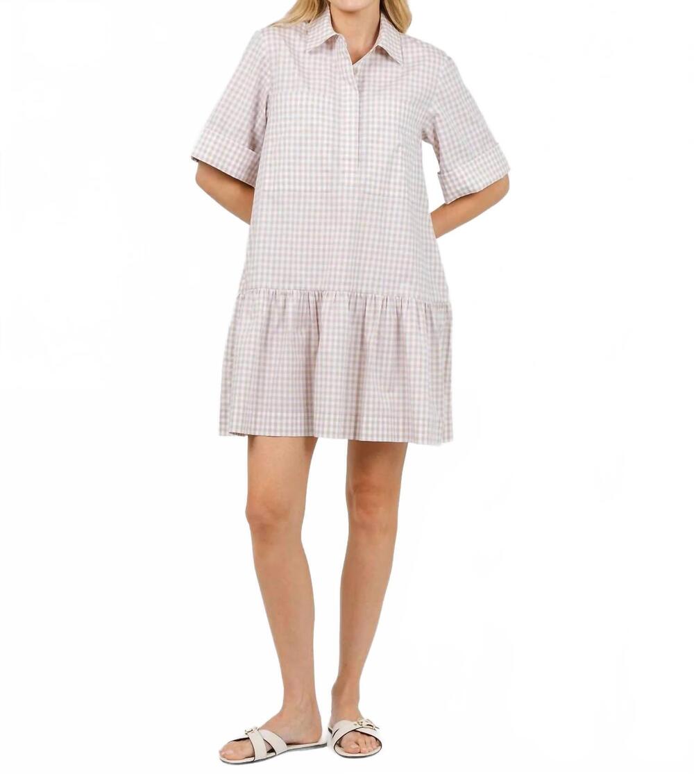 NEW SIMKHAI cris short sleeve mini dress in sand gingham